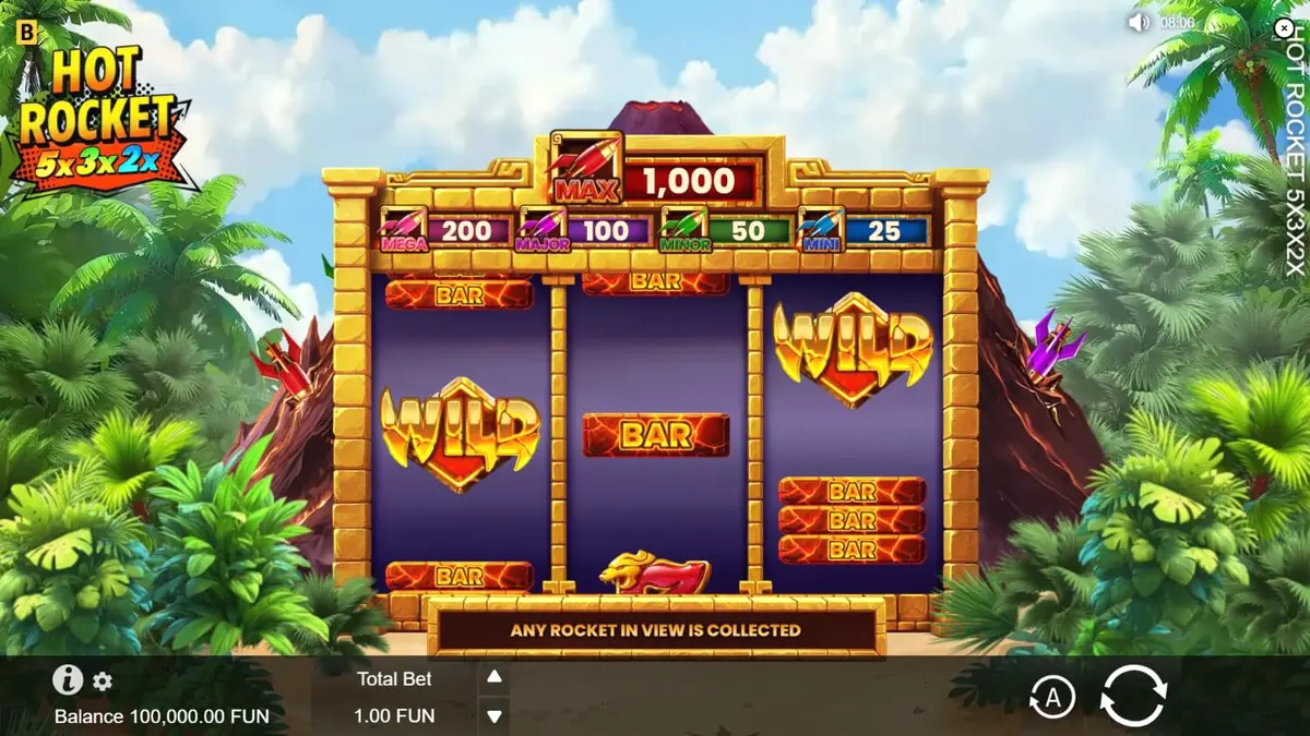 Tampilan visual slot Hot Rocket 5x 3x 2x dengan latar belakang gunung berapi dan simbol klasik