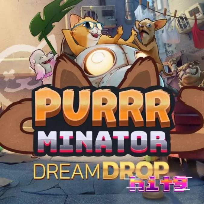 Karakter kucing robot dalam slot Purrrminator Dream Drop dengan latar belakang kota futuristik